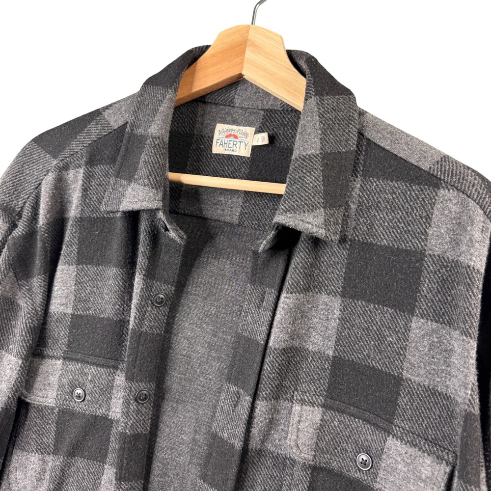 Faherty Brand Mens Legend Sweater Shirt Gray Black Buffalo Check Plaid L Large